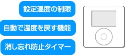 設定温度の制御、自動で温度を戻す機能、消し忘れ防止タイマー