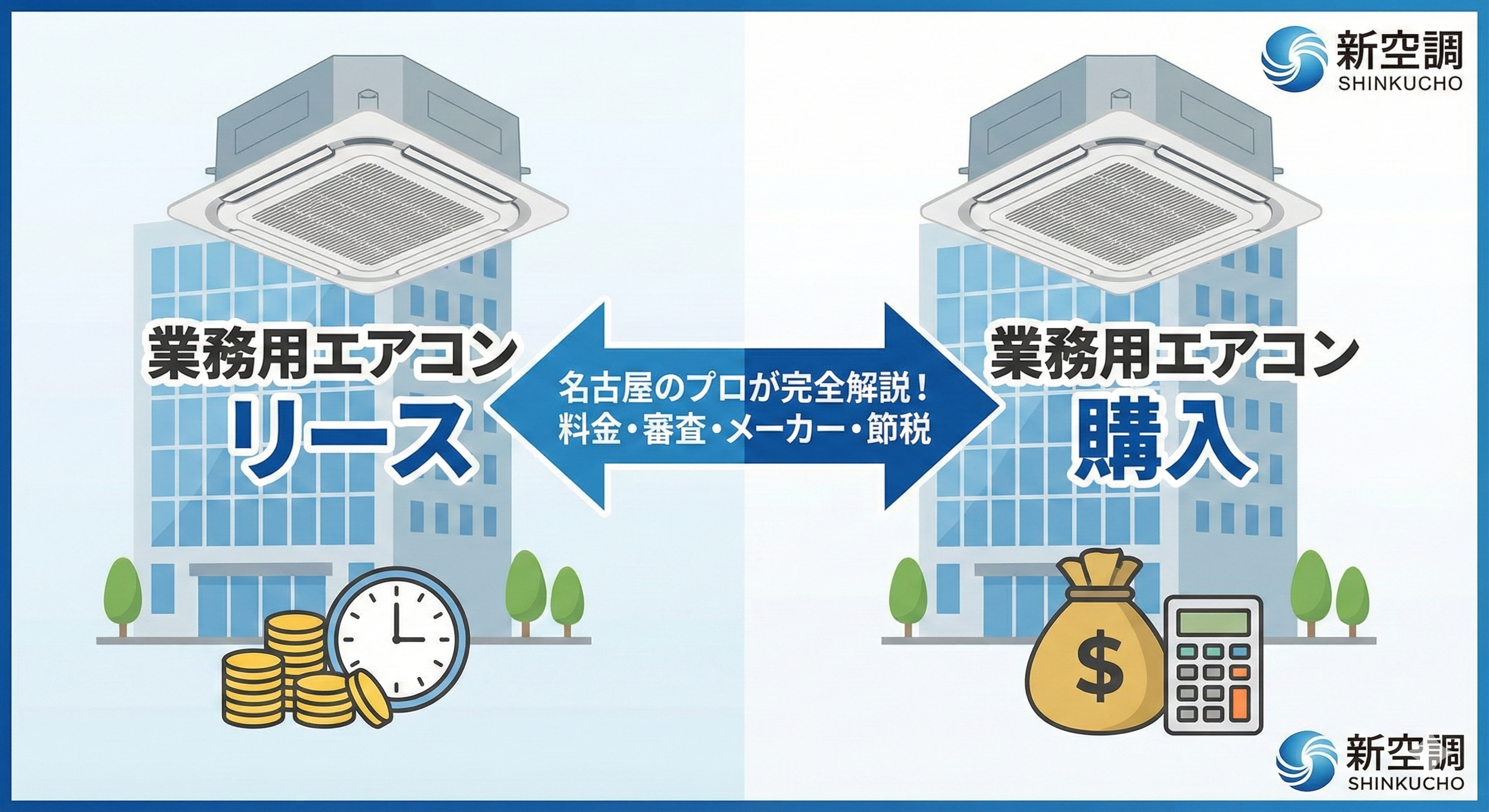 名古屋の業務用エアコン専門店「新空調」が、オフィスや店舗向けエアコンのリースと購入の比較、料金相場、審査、メーカー選び、節税効果についてプロの視点で解説しているアイキャッチ画像。