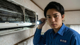 エアコンの臭いの原因となる、内部にびっしり生えた黒カビを点検するプロの様子