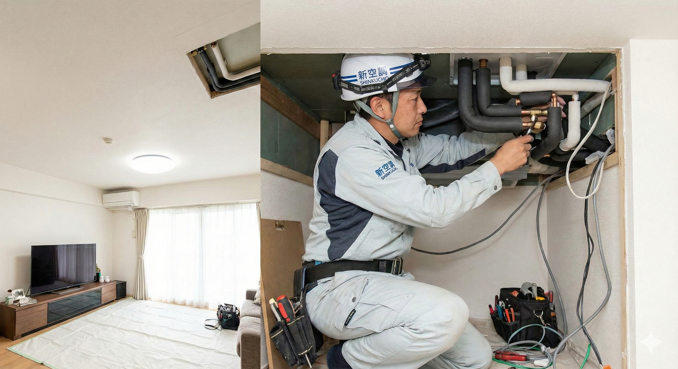 名古屋のマンションリビングで、新空調のプロ職人が天井埋込型エアコン(カセット形)と隠蔽配管の交換工事について、お客様に笑顔で説明している様子。確かな技術力と信頼感を表現。