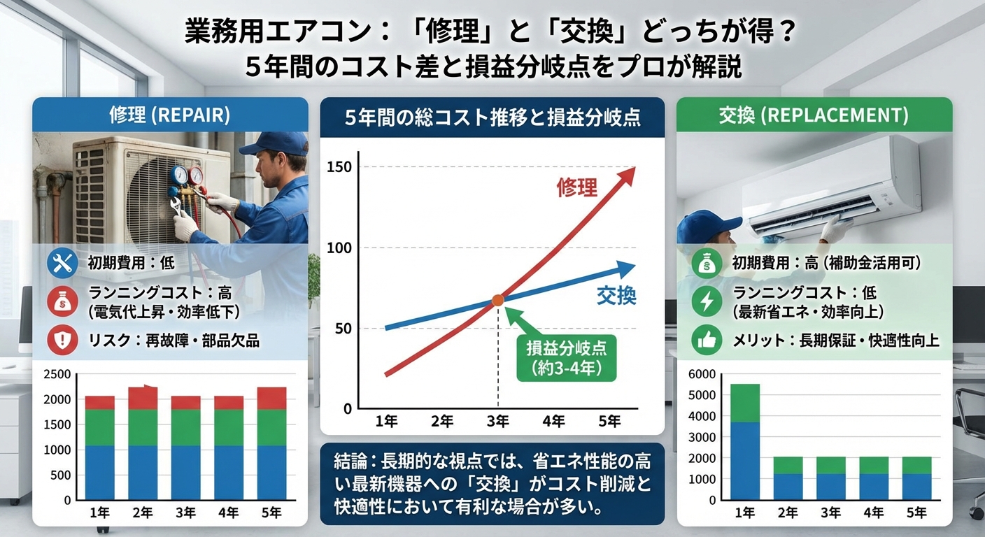 業務用エアコンは「修理」と「交換」どっちが得？ 5年間のコスト差と損益分岐点をプロが解説