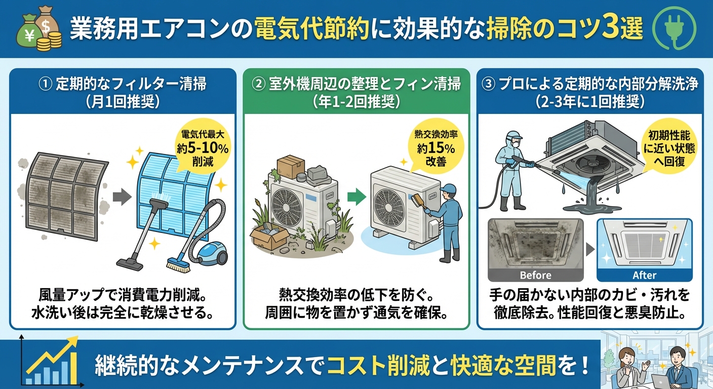 業務用エアコンの電気代節約に効果的な掃除のコツ3選